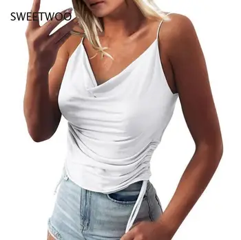 2022 Nové dámske jednofarebné Hlboko V Krku Šatka Tesný Šnúrkou Bežné Malé Vesta T-Shirt Ženy