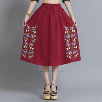 2022 tradičných čínskych etnických vintage sukne národnej kvetinové výšivky sukne bavlnená posteľná bielizeň a-line sukne elastický pás sukne