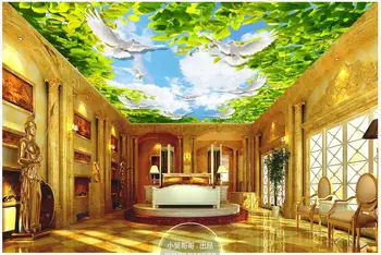 3d strop, nástenné maľby, tapety vlastné fotografie Modrú oblohu a biele oblaky holub zelené listy domova tapety v obývacej izbe