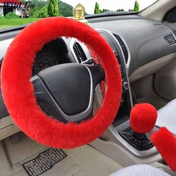 3ks/set Zimné červená mäkké teplé plyšové auto volant, kryt ručnej brzdy zahŕňa