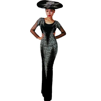 Black Žiarivými Kamienkami Sexy Backless Klobúk Ženy Šaty Večerné Fashion Show Model Oblečenie Drag Queen Festival Kostýmy