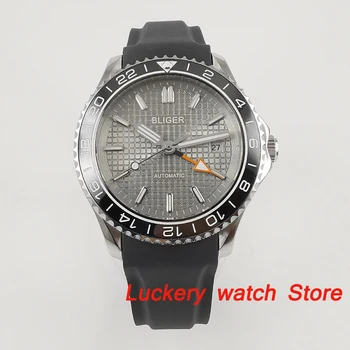 Bliger 41mm luxusné GMT sledovať šedá dial saphire sklo；Gumy popruh spin rámu GMT Automatický pohyb pánske hodinky