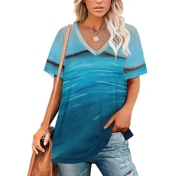 Blue Beach Pirnt T Shirt Prímorské Krajiny Moderné T-Shirts V Krku Krátky Rukáv Trendy Tričko Lady Street Style Top Tees Veľká Veľkosť