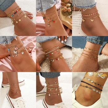 Bohemian Crystal Shell Ponožky pre Ženy, Farebné Ovocie Motýľ Anklet Viacvrstvových Nohy Náramok na Nohu Pláži Geometrické Šperky