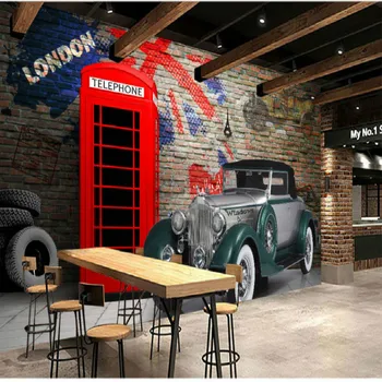 Britský Telefónne Búdky Vintage Classic Car Tehlovej Steny Papier Reštaurácia, Bar, Kaviareň Priemyselné Dekor nástennú maľbu, Tapety Abstraktných De Parede 3d