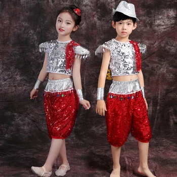 Dievča Jazz Tanečné Kostýmy pre Dievčatá Chlapci Fáze Tanečnej Show Oblečenie Dieťa Hip Hop Nastavený Deti Flitrami Tanec Vyhovovali Červená