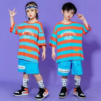 Dieťa Kpop Hip Hop Oblečenie Prúžok Nadrozmerné T Shirt Top Modré Leto Vrecku Šortky pre Dievča, Chlapca, Jazz Tanečných Kostýmov, Tanečné Oblečenie