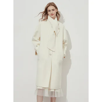 Európsky Štýl Vlny Kabát Zimný Šál Golier Cashmere kórejský Biele Kabáty Bundy Office Lady Kvality Outwear FL002A