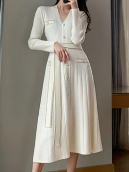 Jeseň Elegantný Štíhly Midi Ženy Pletené Strany Biele Šaty Úradu-Line Bežné Retro Ples Vestidos Femme Fashion Sveter Župan