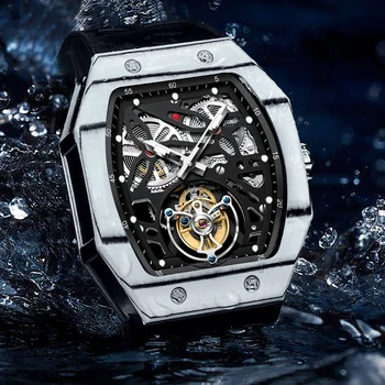 JINLERY Luxusné Hodinky Tourbillon pre Mužov Richard Náramkové hodinky z Uhlíkových Vlákien Prípade Kostra Náramkové Hodinky Sapphire Crystal Chronometra
