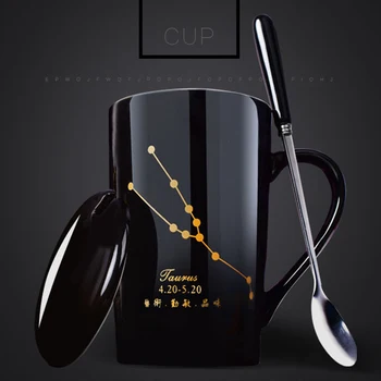 Keramická šálka 12 súhvezdí tvorivé šálka s lyžičkou veko, čiernej a zlatej, keramické mlieko šálku kávy