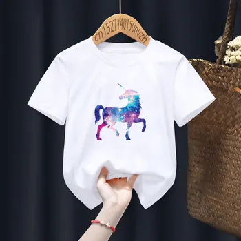 Kozmické Akvarel Jednorožec Tlač Deti T-shirts Deti Baby Black Harajuku Kawaii Oblečenie Chlapec Dievča Topy Darček Súčasnosti Kvapka Loď