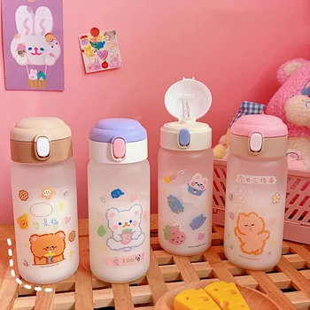 Kreatívne Transparentné Sklenené Fľaša Na Vodu S Slamy Cartoon Matné Nepresakuje Cestovné Drinkware Roztomilé Deti Študent Dievča, Darček Poháre