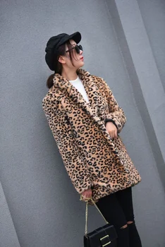 Leopard Umelé Kožuchy Ženy Móda Teplé Klope Strednej Dĺžky Outwears Jeseň Zima Hrubé Bežné Dochádzať Veľké Vrecko Elegantné Outcoats