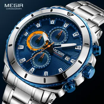 MEGIR pánske Modré Dial Quartz Chronograf Hodinky Módne Nehrdzavejúcej Ocele Analógové náramkové hodinky pre Človeka Svietiace Ručičky 2075G-2