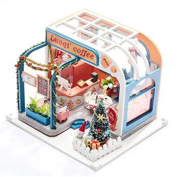 Montujeme Drevené 3D Miniatúrny domček pre bábiky s Nábytkom Vianočné Luoqi je Káva Doll House S LED Svetlom Súpravy, Hračky Darček Pre Deti