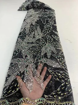 Módne Čierne Luxusné Sequin Výšivky Francúzsky Oka Čipky Najnovšie Afriky Šnúrky Ručné Korálkové Textílie Šaty Tylu Čistý Čipky Textílie