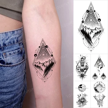 Nepremokavé Dočasné Tetovanie Nálepky Horský Les Geometrické Krajiny Ilustrácia Tatto Ramena Body Art Malé Tetovanie Muži Ženy