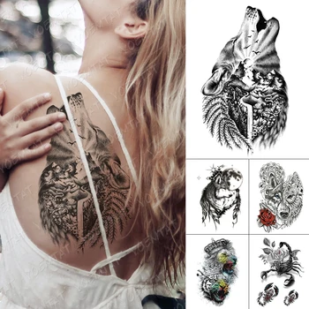 Nepremokavé Dočasné Tetovanie Nálepky Vlk Kvet, Vták Horský Les Flash Tetovanie Žena Náčrt Ramena Body Art Falošné Tetovanie Muž