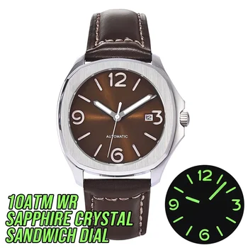 NEW Vysoká kvalita PHYLIDA 40 mm Hnedé Sandwich Dial Pánske Hodinky Vlastné Náramkové hodinky Miyota Automatické Sapphire Crystal Kožený Remienok