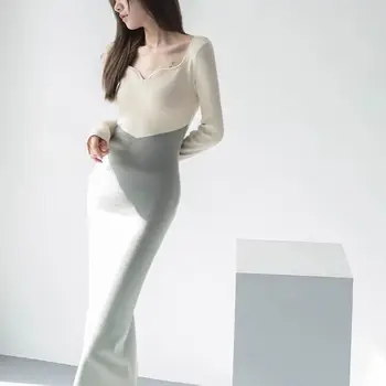 Nové Elegantné Ceruzka Pletenie Šaty dámske Jednoduché Tuhé Slim Plášť Bodycon Šaty na Jeseň V-Neck kórejskej Strany Úradu Sukne M870