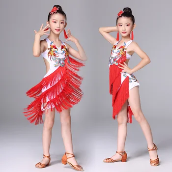 Nové latinské Tanečné Šaty pre Deti latinskej Tanečnej Súťaže Výkon Šaty pre Dievčatá s Piatimi Farby, Lemovaný latinskej Sukne