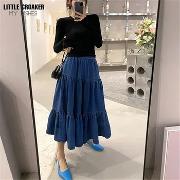 Plus Voľné Dlho Šitie Tortu Skladaná Sukňa Ženy Jeseň Blue Denim Sukne Kórejský Módne Jednoduché Vintage Dlhé Sukne Oblečenie