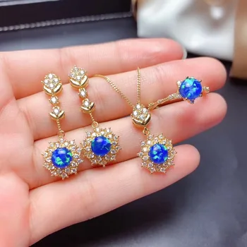 Prírodný Modrý Opál drahý kameň Náušnice, Prsteň a Náhrdelník 3 Ks dámske Vysoké Šperky Set z Rýdzeho Striebra