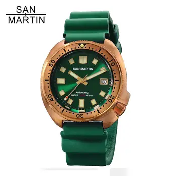 San Martin 6015 Bronz Potápačské pánske Hodinky Sapphire Crystal 200M Vode Odolný Gumový Popruh Mechanické Náramkové hodinky Relojes часы