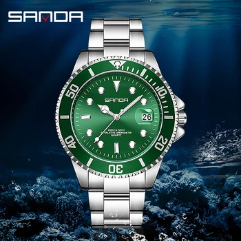 SANDA Luxusné Značky Mužov Sledovať Skutočné Hodinky Nové Módne Jednoduché Zelená Voda Ghost Dial Zobrazenie Kalendára Hodiny Mens Reloj Hombre
