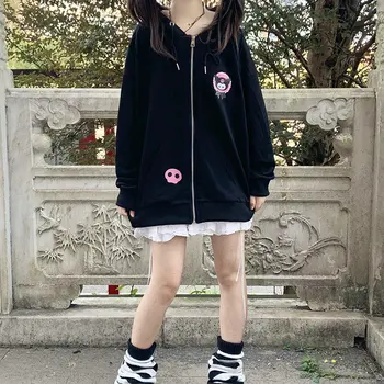 Sanrio Cartoon Kuromi Oblečenie Nové Voľné Ženy Kabát s Kapucňou Topy Kawaii Námorník Golier Cardigan Y2k Topy College Zip-up, Mikiny