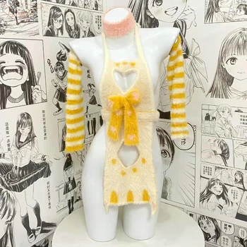 Sexy Lingerie Set Ženy, Mačka, Cosplay Kostýmy Žltých Otvoriť Hrudník Srdce Duté Sa Kawaii Roleplay Anime Šaty, Kostým Žena