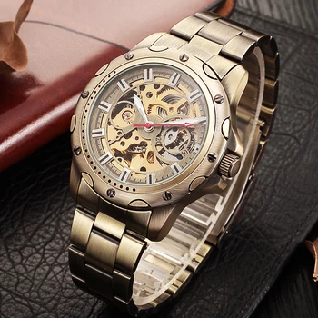 SHENHUA Luxusné Značky Pánske Automatické Kostra Mechanické Hodinky Pre Mužov Retro-Bronz Steampunk Plné Oceľové náramkové hodinky Dary