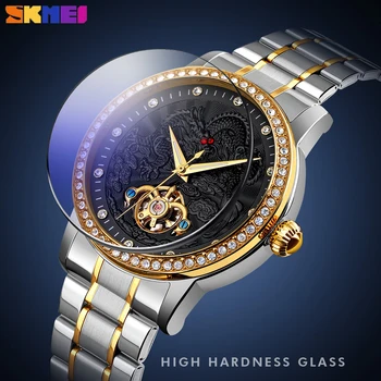SKMEI Top Značky Luxury Diamond Muži Hodinky Módne Dragon Dizajn Náramkové hodinky Vodotesné Automatické Nerezová Oceľ Remienok Hodiny
