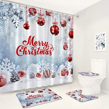 Vianočné Sprchový Záves Nastaviť Červená Vianočné Gule Jedľa Pobočiek Snehové Vločky Modrá Nový Rok Kúpeľňa Decor Non-Slip Koberec Vaňa Mat Wc Veko
