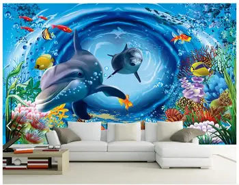 Vlastné foto tapety 3d nástenné maľby, tapety Podmorský Svet Kreslených Dolphin detskej Izby Pozadí Nástenné Maľby
