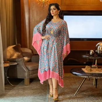 Vytlačené Pre Ženy Haftan Abaya S Strapce Pás Dlhý Rukáv Dubaj Turecko Arabčina Luxusné Dámske Kaftan Moslimských Islamskej Strany Abaya