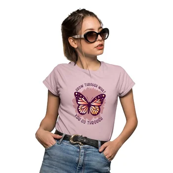 Yeskuni Lete Nové dámske Ružové Motýľ Tlače Top Módne Cartoon Vzor Nadrozmerné T-shirt Módne Ulzzang Street Oblečenie