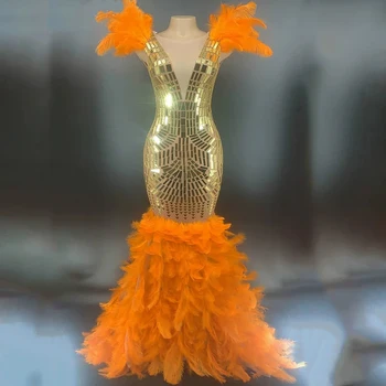 Zlato Kamienkami Orange Perie Šaty Žien Narodeniny Dlhé Večerné Šaty Žien Bar Spevák A Sexy Kostým Party