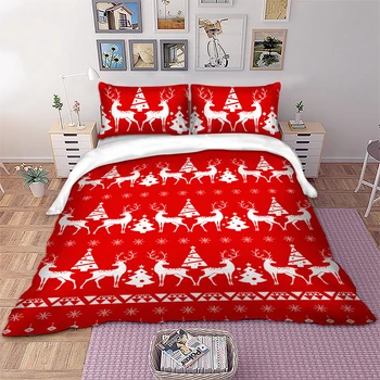 Červená Vianočné jeleň posteľná bielizeň nastaviť dovolenku Perinu obliečka na vankúš jeden kráľovná Manželskou posteľou king size bedlinen 3ks