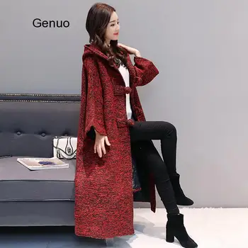 Ženy 2020 Kórejský Nové Jeseň Zima Bat Rukáv Vlna Spája Dlhý Kabát S Kapucňou Voľné Cardigan Vlnené Sako Outwear