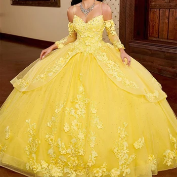Žltá Dlhé Rukávy Quinceanera Šaty 15 Party Fashion Nášivka Na Poschodí-Dĺžka Princezná Popoluška Narodeniny Plášte